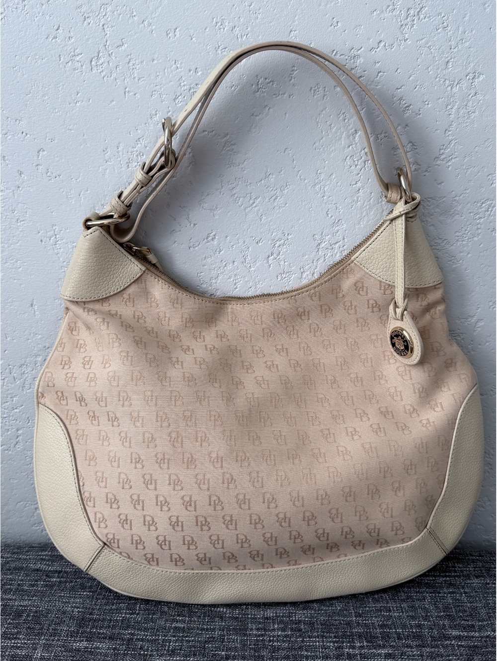 Dooney & Bourke Beige Monogram Canvas and Leather Shoulder Bag